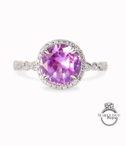 Anello di fidanzamento smerlato con diamante colore alessandrite zaffiro viola, anello rotondo Halo Moissanite, anello nuziale con zaffiro vintage Milgrain, personalizzato