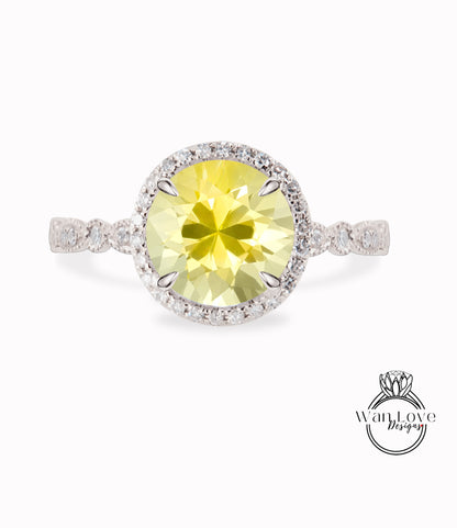 Anello di fidanzamento Halo con zaffiro giallo e diamante rotondo 14k 18k bianco giallo oro rosa-platino-su misura-anniversario di matrimonio