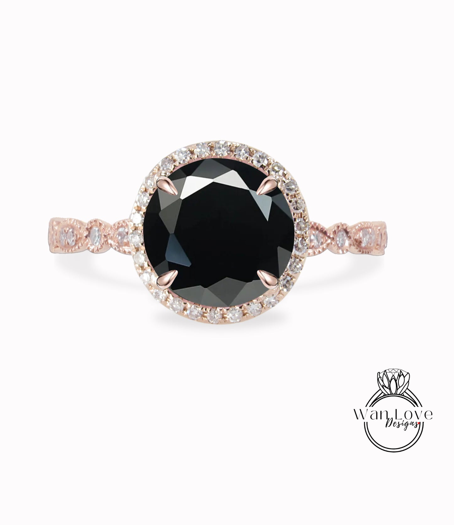 Black Spinel & Diamond Halo Scalloped Rose Gold Ring/ Round Black Spinel Center Ring/ Engagement Ring/ Anniversary Ring/ Promise Ring/ Halo Milgrain Ring