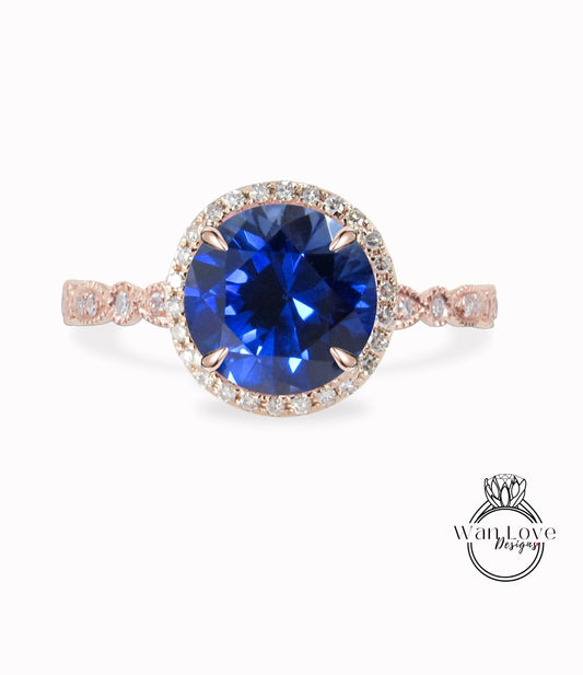 Anello di fidanzamento smerlato con zaffiro blu e diamante, anello rotondo Halo Moissanite, anello nuziale con zaffiro vintage Milgrain, personalizzato