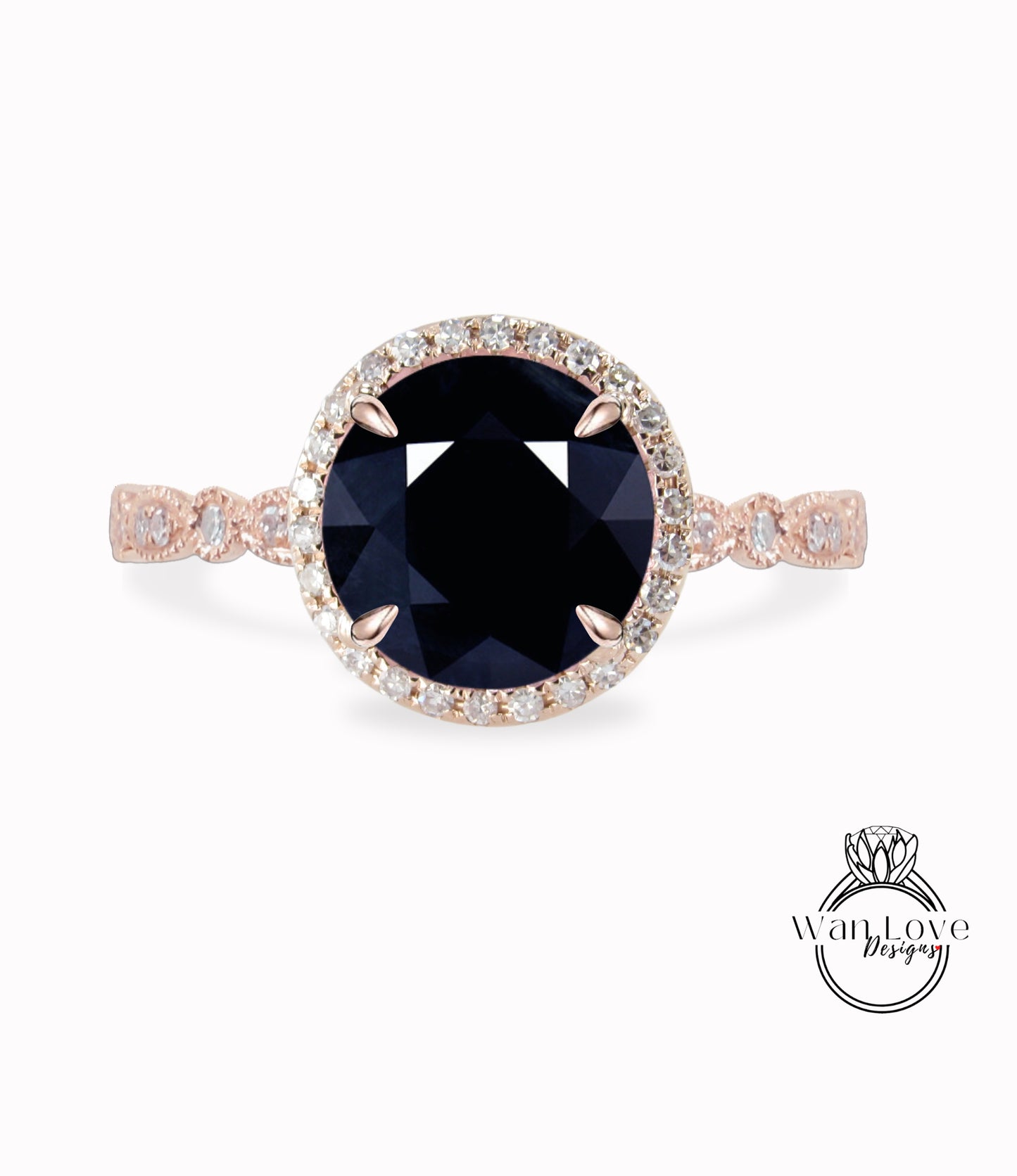 Anello di fidanzamento rotondo con zaffiro blu scuro naturale e diamanti, Halo, 1,5 ct, 7 mm, oro rosa giallo bianco 14 kt 18 kt, platino, matrimonio personalizzato