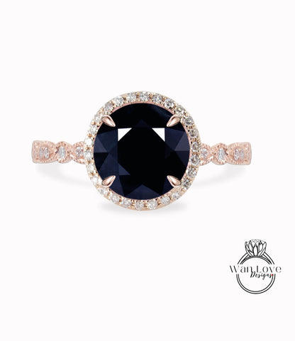 Anello di fidanzamento rotondo con zaffiro blu scuro naturale e diamanti, Halo, 1,5 ct, 7 mm, oro rosa giallo bianco 14 kt 18 kt, platino, matrimonio personalizzato