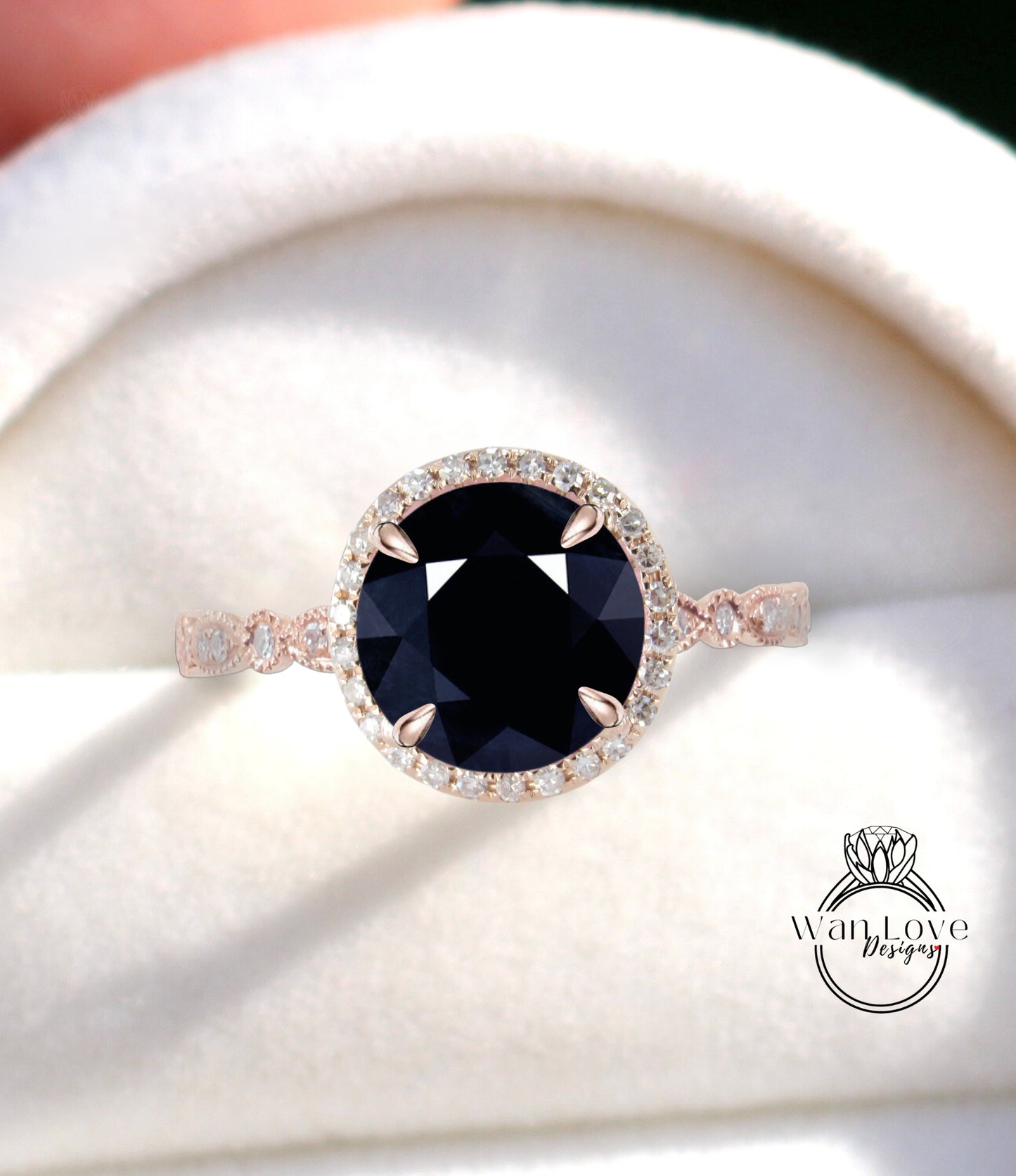 Anello di fidanzamento rotondo con zaffiro blu scuro naturale e diamanti, Halo, 1,5 ct, 7 mm, oro rosa giallo bianco 14 kt 18 kt, platino, matrimonio personalizzato