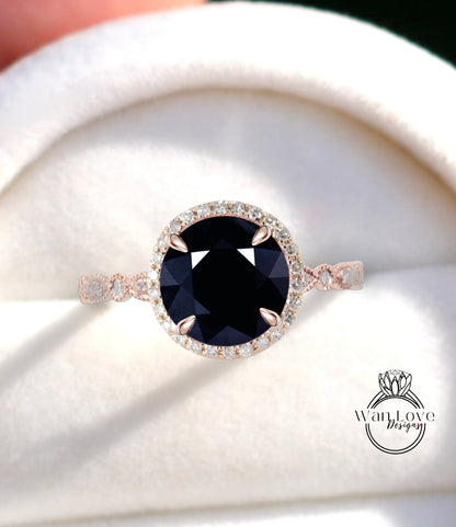 Anello di fidanzamento rotondo con zaffiro blu scuro naturale e diamanti, Halo, 1,5 ct, 7 mm, oro rosa giallo bianco 14 kt 18 kt, platino, matrimonio personalizzato