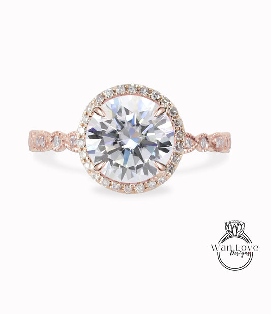 Anello di fidanzamento Hexagon Halo Diamond Anello con diamante rotondo certificato mezza eternità anello vintage art deco in oro rosa anello di promessa anniversario