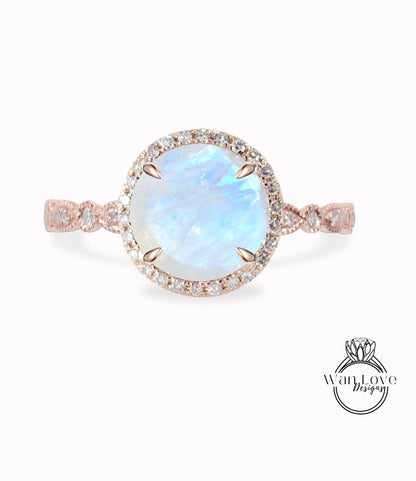 Anello di fidanzamento smerlato con pietra di luna e diamante, anello nuziale Milgrain Vintage Rainbow Mystic Moonstone, anello rotondo Halo Moissanite, personalizzato