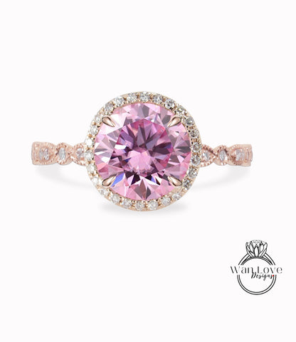 Anello di fidanzamento Halo rotondo con Moissanite rosa e diamante, personalizzato, 14k 18k bianco giallo oro rosa, platino, matrimonio, regalo di anniversario