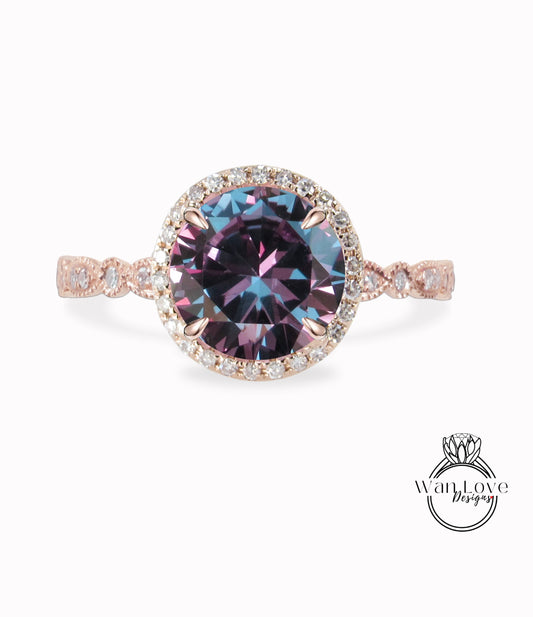 Anello di fidanzamento smerlato con diamante colore alessandrite zaffiro viola, anello rotondo Halo Moissanite, anello nuziale con zaffiro vintage Milgrain, personalizzato