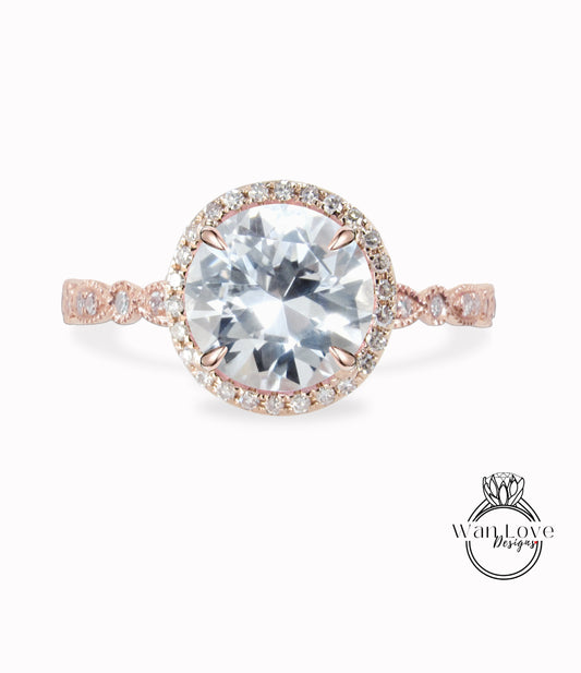 White Sapphire & Diamond Round Halo Scalloped Engagement Ring, Round Halo Moissanite Ring, Milgrain Vintage Sapphire Bridal Ring, Custom Rose gold Ring