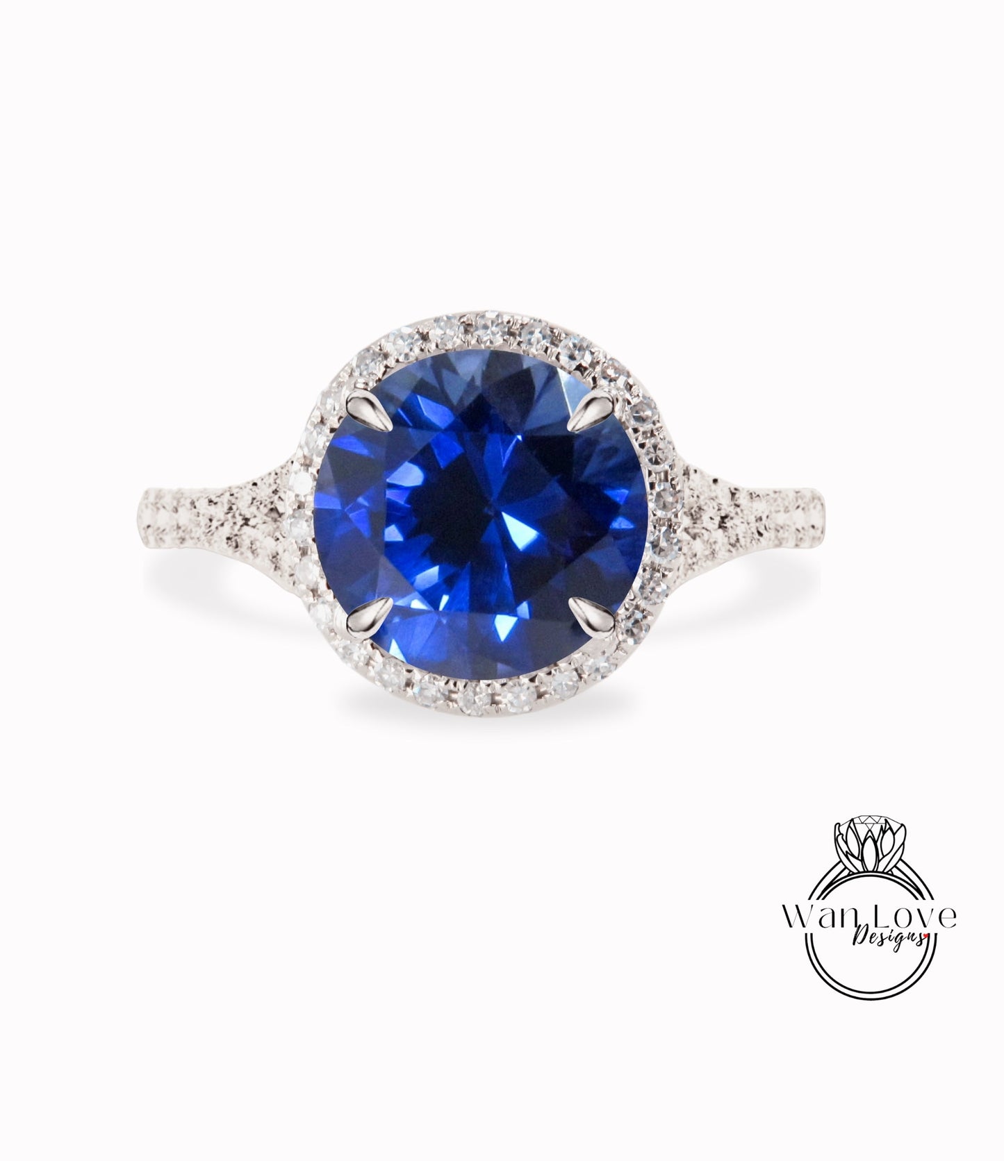 Blue Sapphire & Diamond Round Halo split shank engagement ring rose gold diamond art deco ring anniversary gift