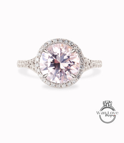 Anello di fidanzamento con zaffiro pesca a forma rotonda vintage Anello di fidanzamento unico in oro bianco donna Anello con castone con diamanti Art Déco Anello a grappolo Anello di promessa