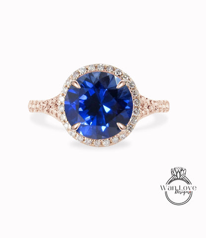 Blue Sapphire & Diamond Round Halo split shank engagement ring rose gold diamond art deco ring anniversary gift