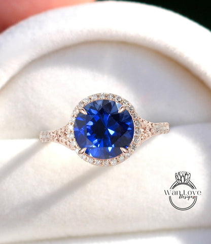 Blue Sapphire & Diamond Round Halo split shank engagement ring rose gold diamond art deco ring anniversary gift