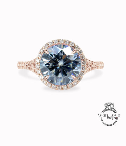 Gray Moissanite & Diamond Round Halo split shank engagement ring rose gold diamond art deco ring anniversary gift