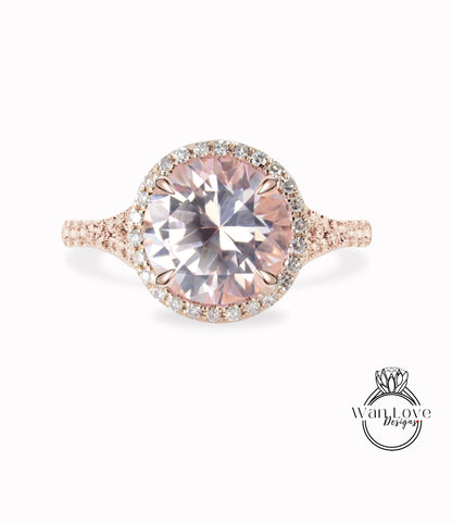 Peach Sapphire & Diamond Round Halo split shank engagement ring rose gold diamond art deco ring anniversary gift