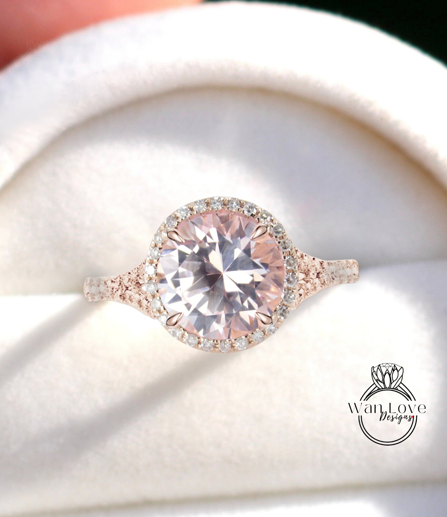 Peach Sapphire & Diamond Round Halo split shank engagement ring rose gold diamond art deco ring anniversary gift