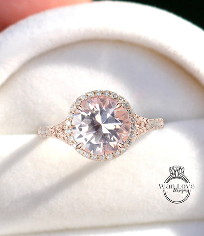 Peach Sapphire & Diamond Round Halo split shank engagement ring rose gold diamond art deco ring anniversary gift
