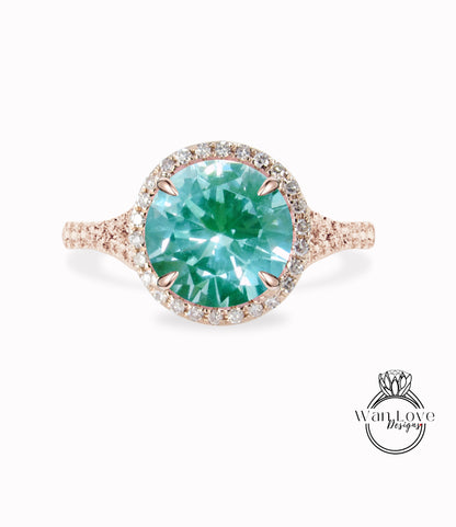 Anello di fidanzamento rotondo con spinello verde acqua e diamanti, Halo laterale, quasi eternità, con gambo sottile, matrimonio personalizzato, regalo di anniversario in platino, oro 14kt 18kt