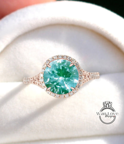 Anello di fidanzamento rotondo con spinello verde acqua e diamanti, Halo laterale, quasi eternità, con gambo sottile, matrimonio personalizzato, regalo di anniversario in platino, oro 14kt 18kt