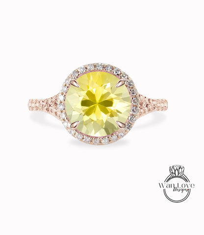 Anello di fidanzamento Halo con zaffiro giallo e diamante rotondo 14k 18k bianco giallo oro rosa-platino-su misura-anniversario di matrimonio