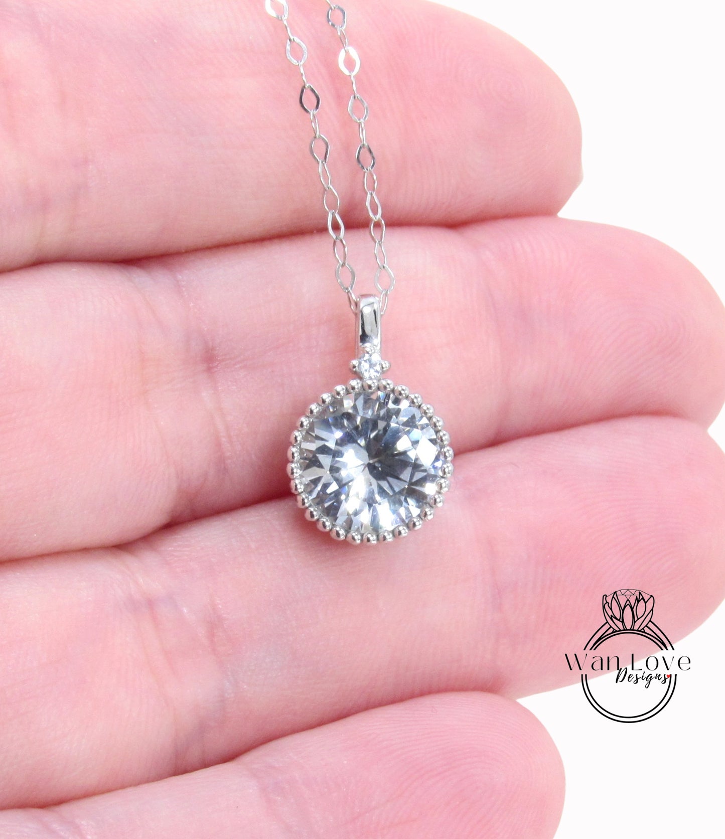 White Sapphire Round Milgrain Charm Necklace Thin Chain 2ct round milgrain bezel vintage Wedding jewelry Anniversary Gift hers Ready to ship