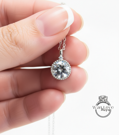 Moissanite White Blue Pink Sapphire Emerald Diamond Round Milgrain Bezel Charm Necklace Thin Chain Custom Wedding Anniversary Gift