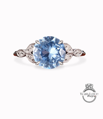 Aquamarine Blue Spinel & Diamond Round Leaf Antique Cluster Engagement Ring Engraved Milgrain Smooth 14kt 18kt Gold Platinum Custom Wedding