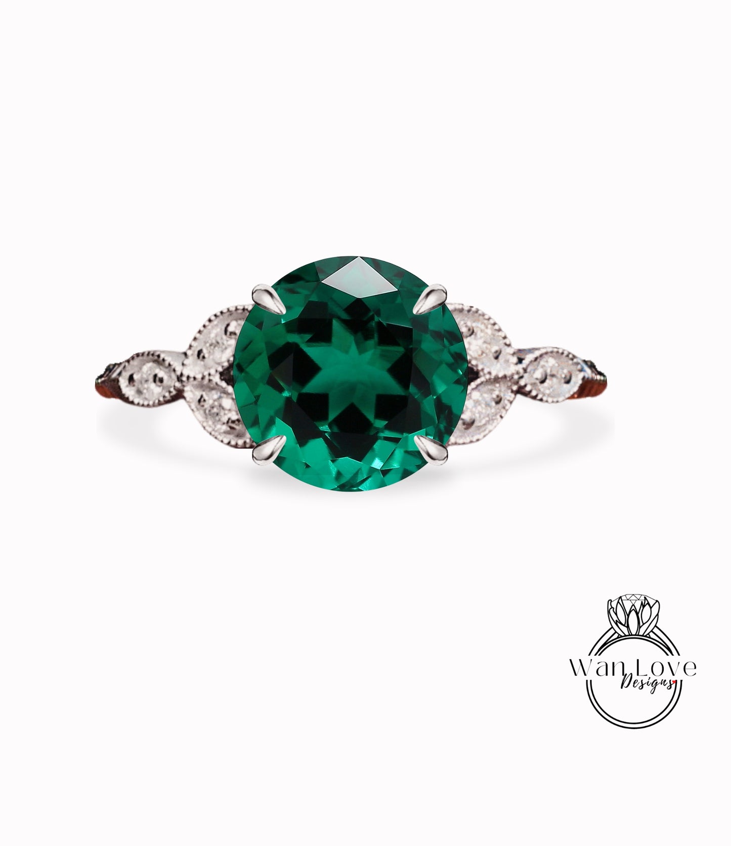 Emerald & Diamonds Round Leaf Antique Cluster Engagement Ring Engraved Milgrain Smooth 14kt 18kt Gold Platinum Custom Wedding