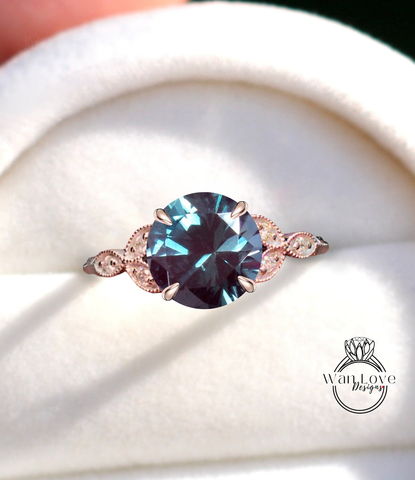 Alexandrite & Diamonds Round Leaf Antique Cluster Engagement Ring Engraved Milgrain Smooth 14kt 18kt Gold Platinum Custom Wedding