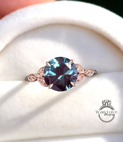 Alexandrite & Diamonds Round Leaf Antique Cluster Engagement Ring Engraved Milgrain Smooth 14kt 18kt Gold Platinum Custom Wedding