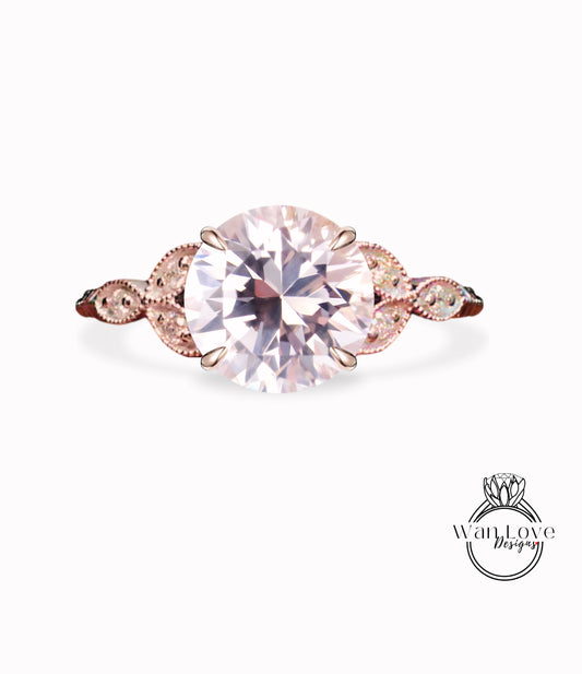 Light Pink Sapphire & Diamonds Round Leaf Antique Cluster Engagement Ring Engraved Milgrain or Smooth 14kt 18kt Gold Platinum Custom Wedding
