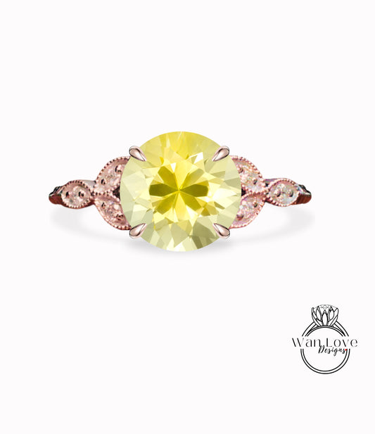 Yellow Sapphire & Diamonds Round Leaf Antique Cluster Engagement Ring Engraved Milgrain or Smooth 14kt 18kt Gold Platinum Custom Wedding