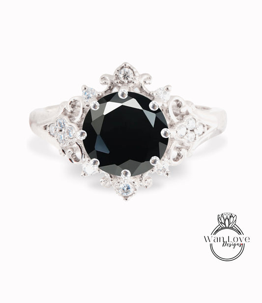 Black Moissanite & Diamonds Ornate Floral Quatrefoil Engagement Ring, Round Antique Custom Vintage Bridal Wedding ring, Anniversary Gift