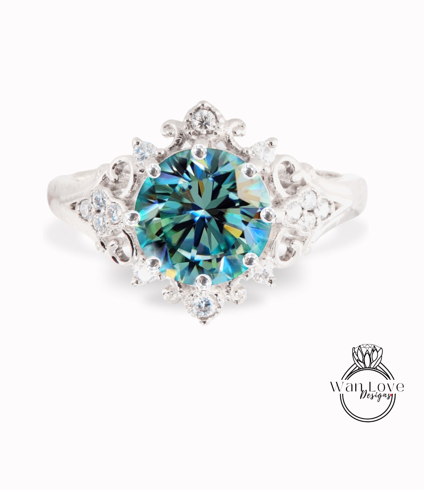 Blue Green Teal Moissanite & Diamonds Ornate Floral Quatrefoil Engagement Ring, Round Antique Custom Vintage Bridal Wedding ring, Anniversary Gift