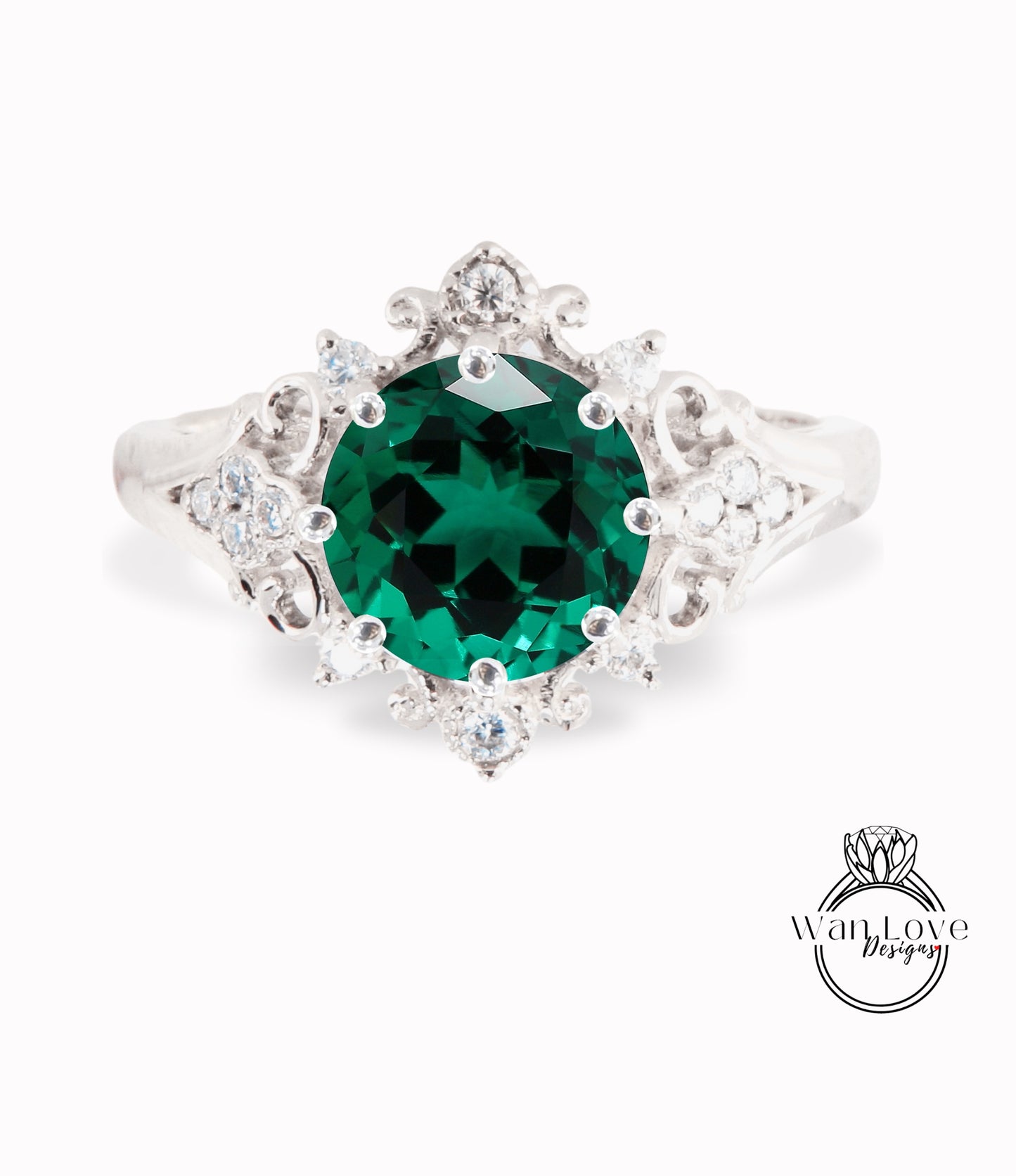 Emerald & Diamonds Ornate Floral Quatrefoil Engagement Ring, Round Antique Custom Vintage Bridal Wedding ring, Anniversary Gift