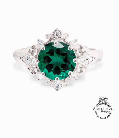 Emerald & Diamonds Ornate Floral Quatrefoil Engagement Ring, Round Antique Custom Vintage Bridal Wedding ring, Anniversary Gift