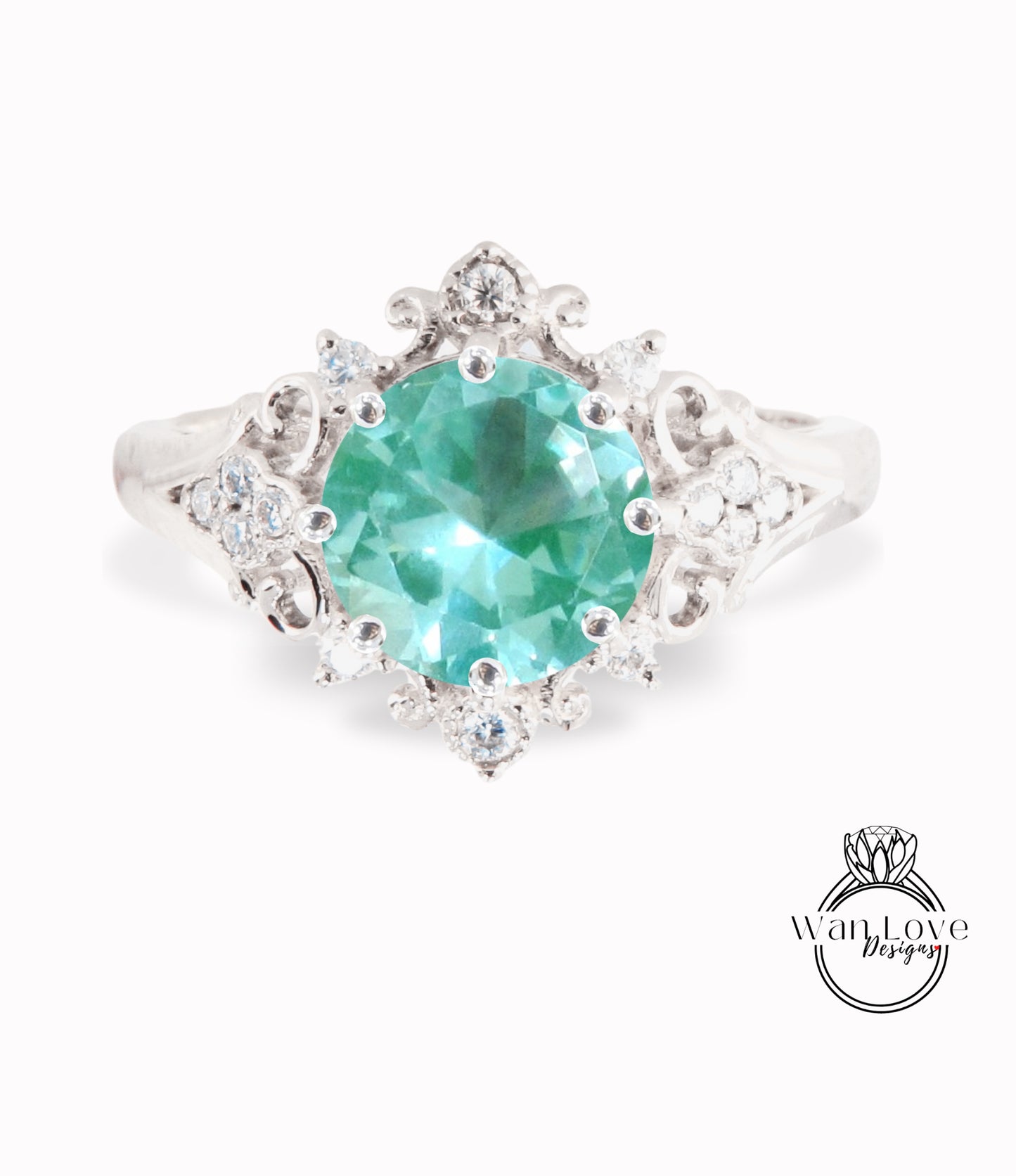 Teal Blue Green  Sea Spinel & Diamonds Ornate Floral Quatrefoil Engagement Ring, Round Antique Custom Vintage Bridal Wedding ring, Anniversary Gift