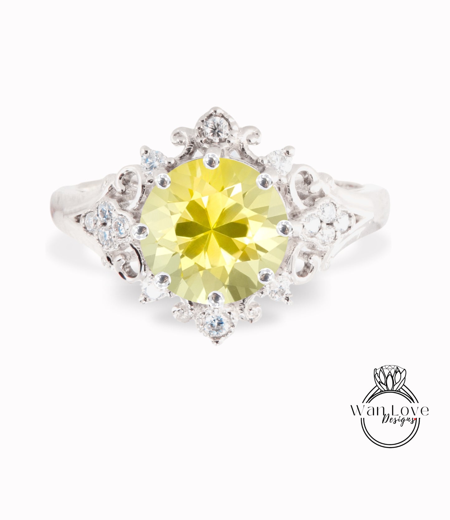 Yellow Sapphire & Diamonds Ornate Floral Quatrefoil Engagement Ring, Round Antique Custom Vintage Bridal Wedding ring, Anniversary Gift