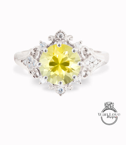 Yellow Sapphire & Diamonds Ornate Floral Quatrefoil Engagement Ring, Round Antique Custom Vintage Bridal Wedding ring, Anniversary Gift