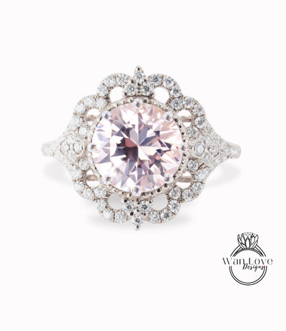 Vintage round shape Light Pink Sapphire & Diamond engagement ring ornate halo moissanite diamond ring rose gold ring 8 prong set ring anniversary ring gift