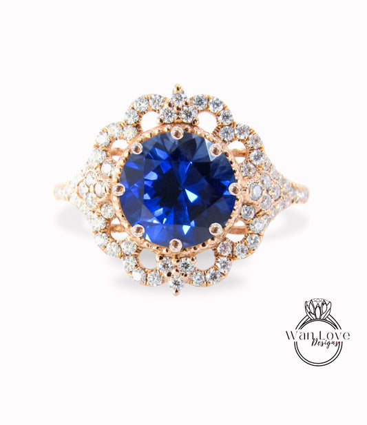 Vintage round shape Blue Sapphire & Diamond engagement ring ornate halo moissanite diamond ring rose gold ring 8 prong set ring anniversary ring gift
