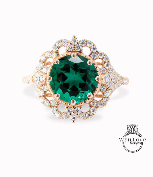 Vintage round shape Emerald & Diamond engagement ring ornate halo moissanite diamond ring rose gold ring 8 prong set ring anniversary ring gift