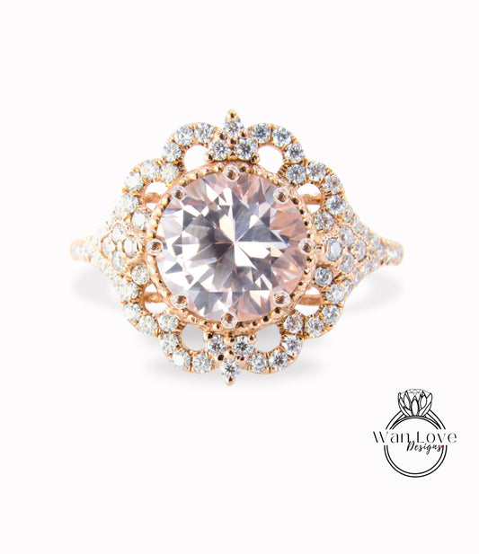 Vintage round shape Peach Sapphire & Diamond engagement ring ornate halo moissanite diamond ring rose gold ring 8 prong set ring anniversary ring gift