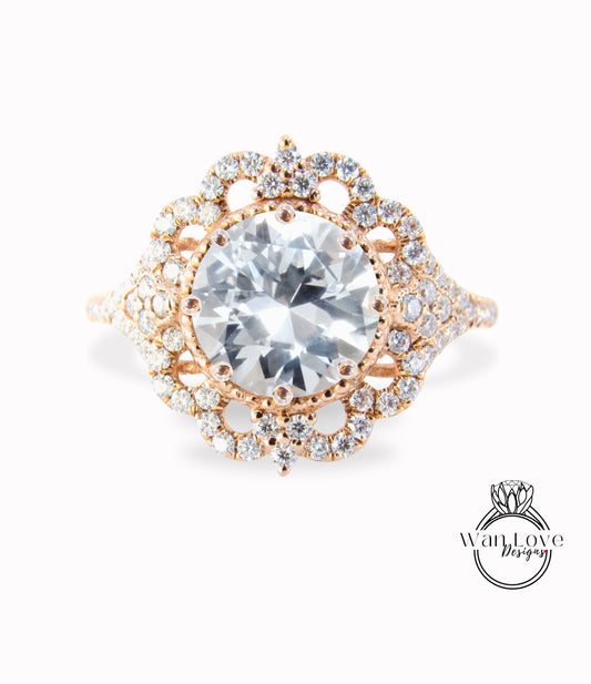 Vintage round shape White Sapphire & Diamond engagement ring ornate halo moissanite diamond ring rose gold ring 8 prong set ring anniversary ring gift
