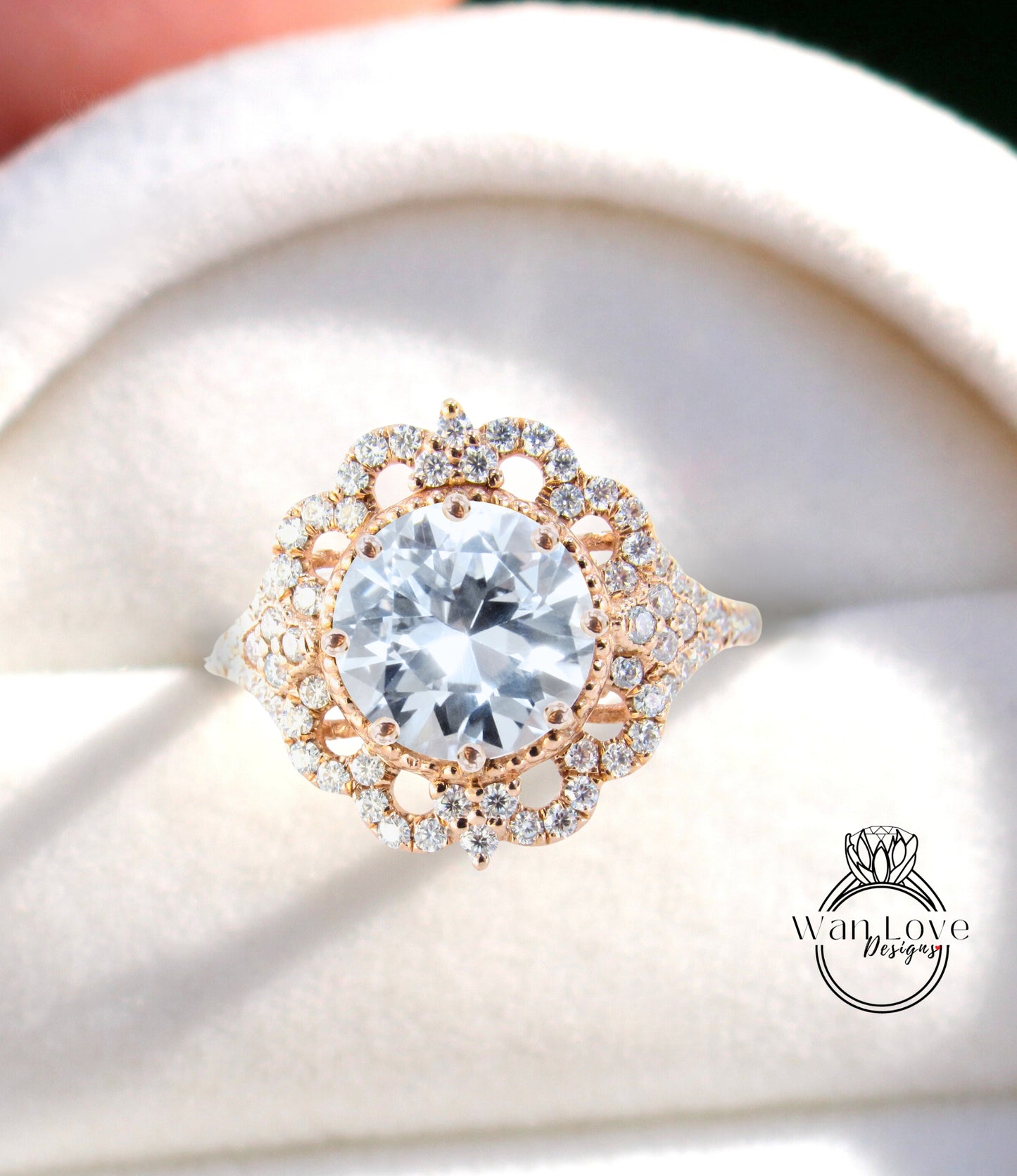 Vintage round shape White Sapphire & Diamond engagement ring ornate halo moissanite diamond ring rose gold ring 8 prong set ring anniversary ring gift