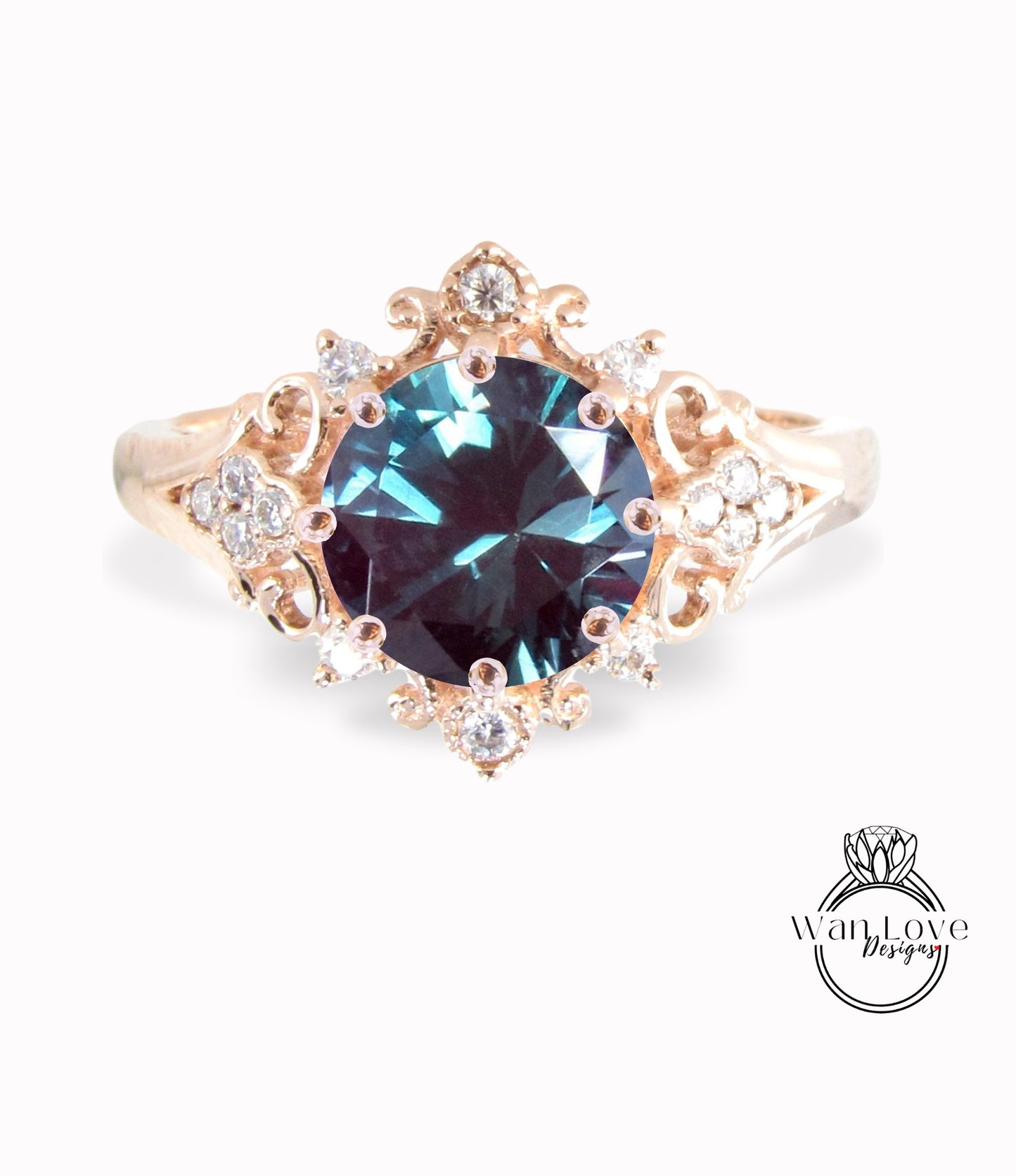 Alexandrite & Diamonds Ornate Floral Quatrefoil Engagement Ring, Round Antique Custom Vintage Bridal Wedding ring, Anniversary Gift