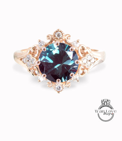 Alexandrite & Diamonds Ornate Floral Quatrefoil Engagement Ring, Round Antique Custom Vintage Bridal Wedding ring, Anniversary Gift