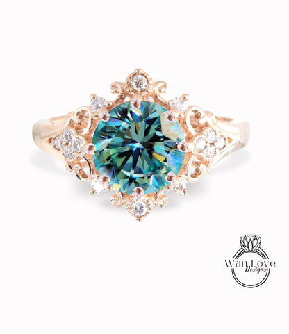 Blue Green Teal Moissanite & Diamonds Ornate Floral Quatrefoil Engagement Ring, Round Antique Custom Vintage Bridal Wedding ring, Anniversary Gift