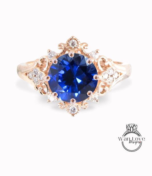 Anello di fidanzamento quadrifoglio decorato con diamanti blu zaffiro, rotondo, 2 ct, 8 mm, regalo personalizzato per anniversario di matrimonio