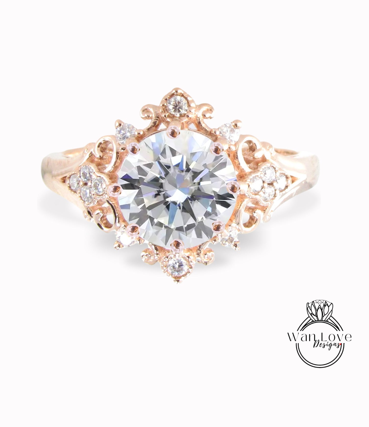 Moissanite & Diamonds Ornate Floral Quatrefoil Engagement Ring, Round Antique Custom Vintage Bridal Wedding ring, Anniversary Gift